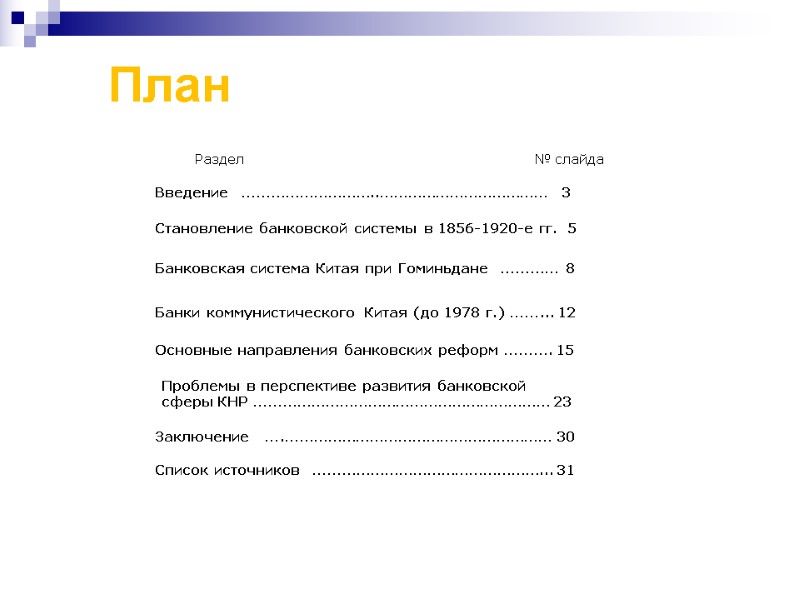 План № слайда Раздел Введение ………………………..……………………………… Становление банковской системы в 1856-1920-е гг.  5